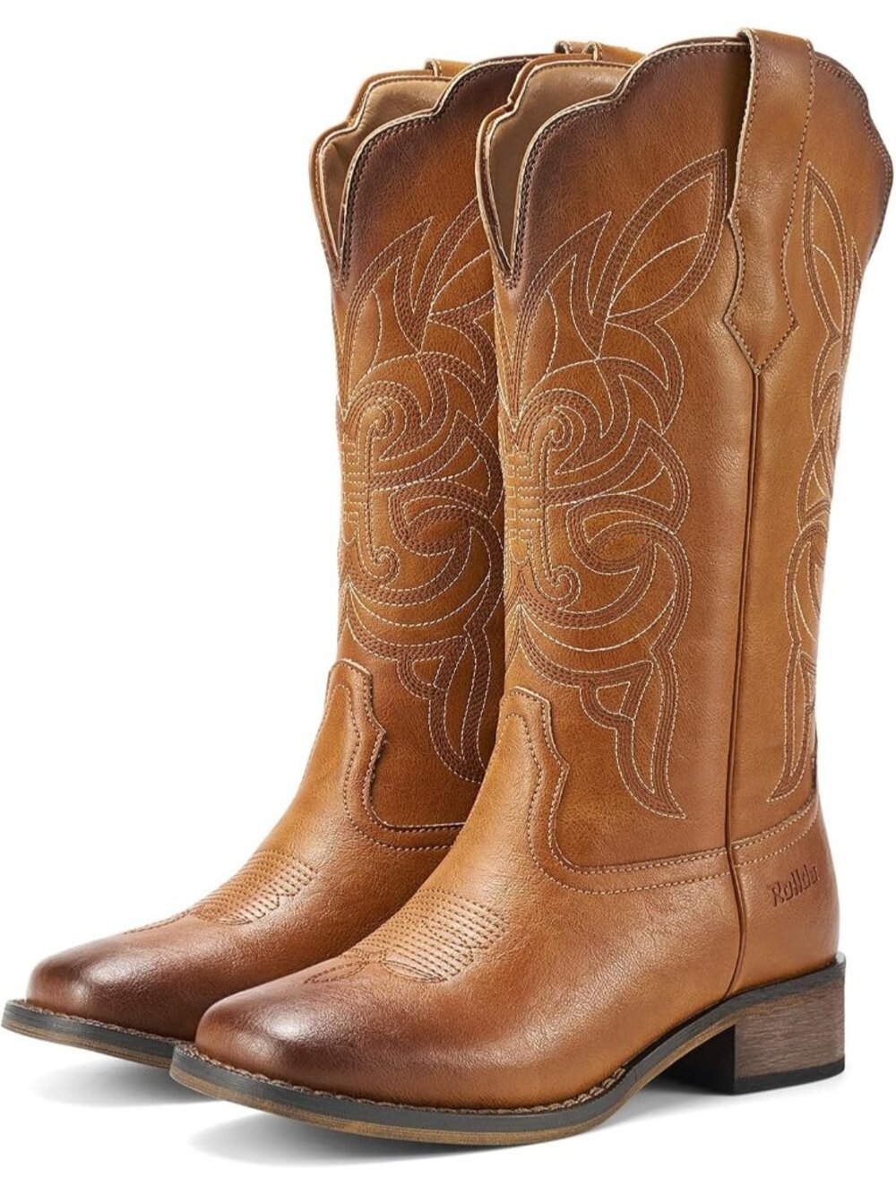 Women's Brown V-Shaped Edge Square Toe Mid Calf Vintage Stitching Cowgirl Boots